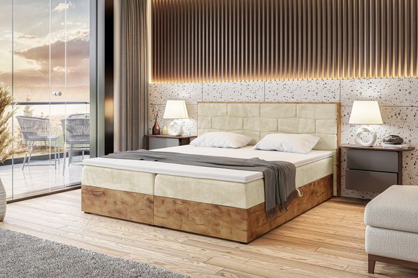 MEBLINI Boxspringbett LOFTY 9 200x200 cm mit Bettkasten - H3/Beige Samt Polsterbett - Doppelbett mit Topper & Taschenfederkern-Matratze