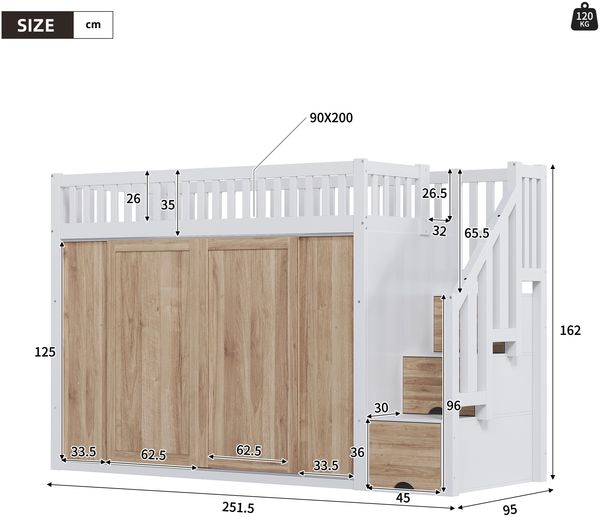 Merax Kinderbett (90 x 200 cm), Hochbett, multifunktionales Kinderbett mit Kleiderschrank und Treppenschrank, bunte Lichtleiste, ohne Matratze, Weiß & Eichefarbe Bild 4