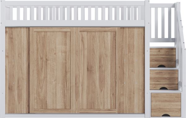 Merax Kinderbett (90 x 200 cm), Hochbett, multifunktionales Kinderbett mit Kleiderschrank und Treppenschrank, bunte Lichtleiste, ohne Matratze, Weiß & Eichefarbe Bild 8