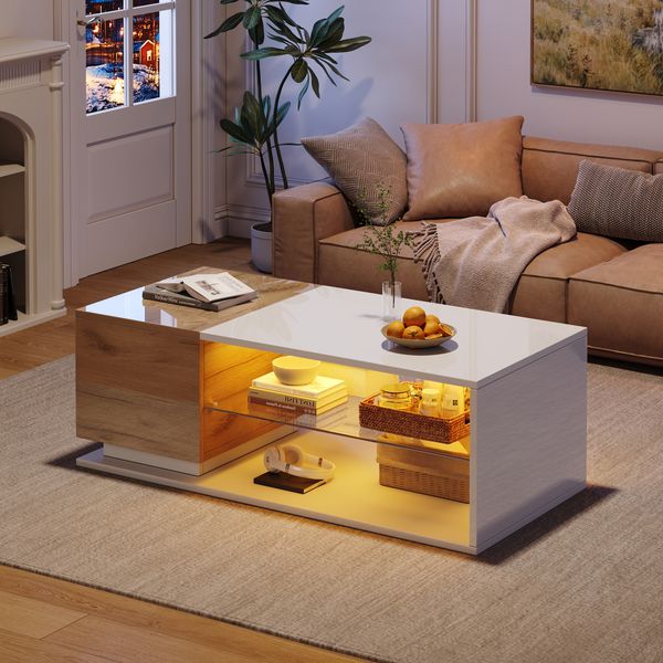 LED-Couchtisch, Wohnzimmertisch mit LED-Lichtleiste und Stauraum, modern, MDF, Weiß, 105×50×36 cm
