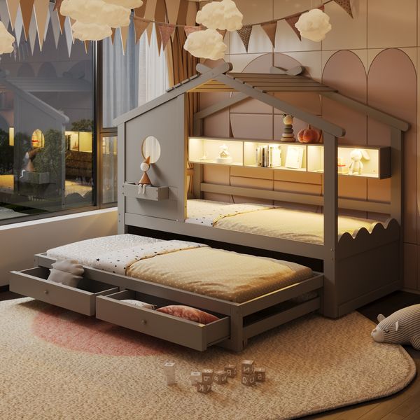 Kinderbett 90*200, mit Ausziehbett 90*190, Hausförmiges Design,mit zwei Schubladen,mit USB- und Typ-C-Ladeanschlüssen und LED, mit Einlegeböden,Multifunktionsbett,Grau