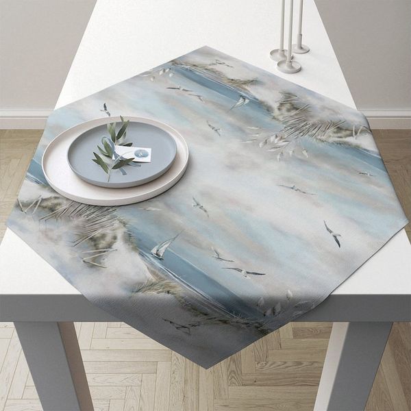 Ambiente Luxury Paper Products Tischläufer, Tischdecke Baumwolle 90x90 cm mit Möwen und Küsten Motiv Grau