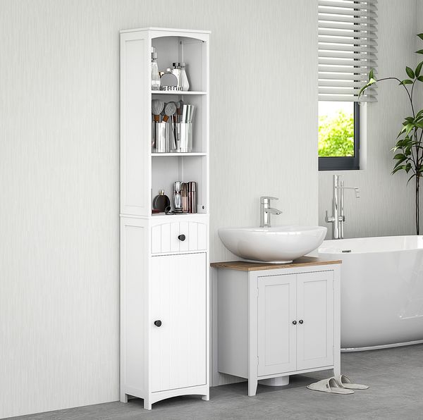 Badezimmerschrank 34 x 24 x 170,5 cm, aus MDF-Holz, mit Schublade, Türfach und 3 Regalen