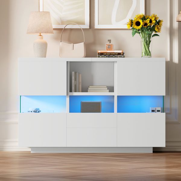 Wohnzimmerschrank aus Holzwerkstoff mit Glasvitrine & LED, 140x35x75 cm, Weiß