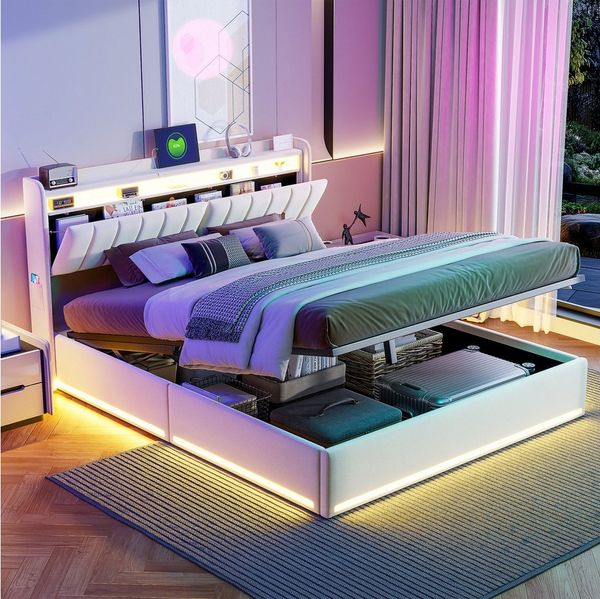 PXloue Polsterbett LED Doppelbett, Bettkasten, Ladefunktion, Samt, 140x200 cm