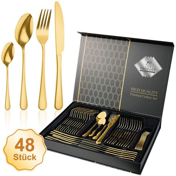 Simloveve Besteck-Set 48 teilig Besteck Set für 12 Personen, Besteckset mit Gehämmert Griff, Edelstahl, Essbesteck Set inkl Messer, Gabel, Löffel, Spülmaschinenfest, Rostfrei
