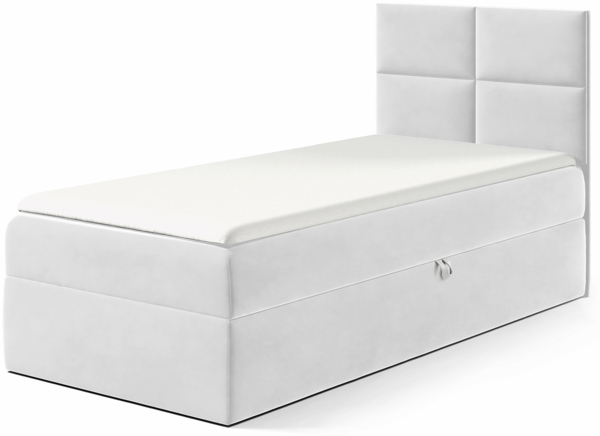 MEBLINI Kinderbett mit Bettkasten MINO 3 80x200 Rechts – H3/Hellgrau Samt Gepolstert Einzelbett mit Matratze - Polsterbett mit Stauraum - Bett mit Kopfteil – Stauraumbett