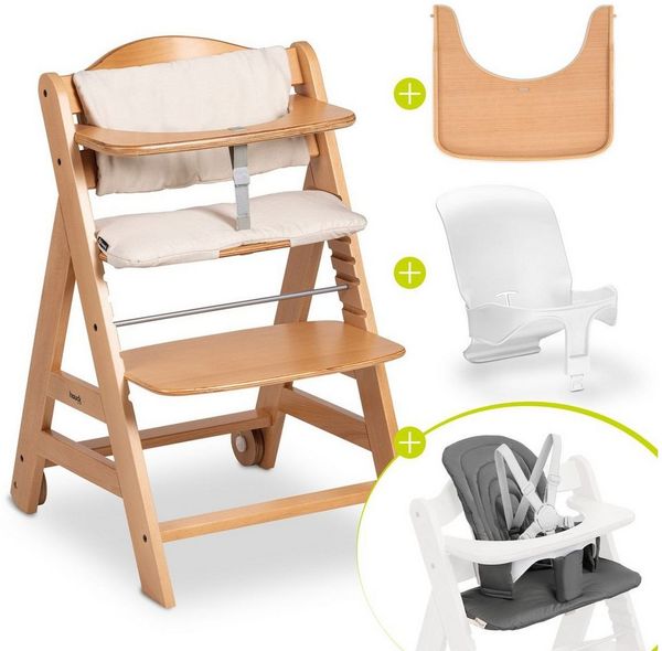 Hauck Hochstuhl Beta Plus Natural, Kinderhochstuhl mit Essbrett, Sitzauflage, Baby-Sitz, Sitzpad & Rollen