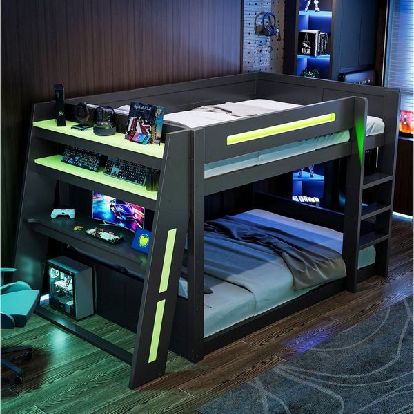 Flieks Etagenbett, Gaming Kinderbett 140x200 cm mit Schreibtisch Aufladen LED-Beleuchtung