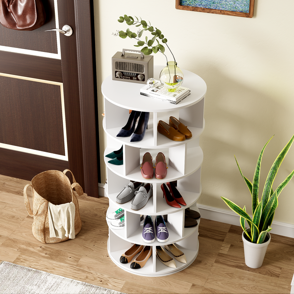 Drehbarer Schuhschrank, weiß und rund, 5 Ebenen, 115 cm hoch und 60 cm breit.