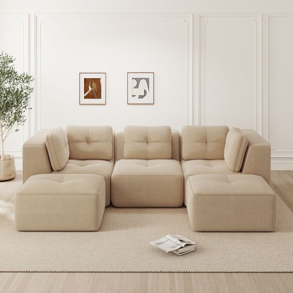 Ecksofa modular in Beige, Cordstoff, 74 cm Sitztiefe, rahmenloses Design,69x297x177 cm