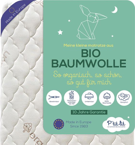 P'tit Lit - Babymatratze aus Bio-Baumwolle | 60x120 cm | 100 % Baumwolle: Natürliches Material pflanzlichen Ursprungs | Ohne chemische Behandlung | Abnehmbar | OekoTex® | Dicke bis zu 10 cm