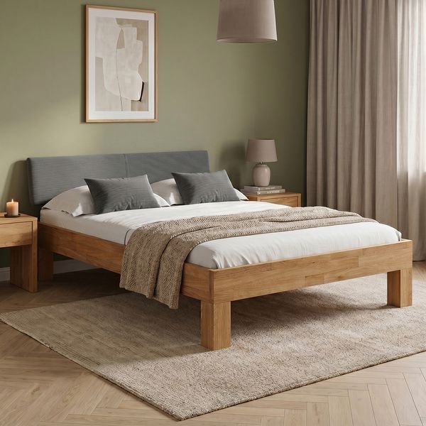 skølm 'Floki' Bett 140x200 cm mit Kopfteil Cord, anthrazit, Bettgestell, natur geölt, Massivholzbett aus Eiche, Doppelbett mit Bettkopf