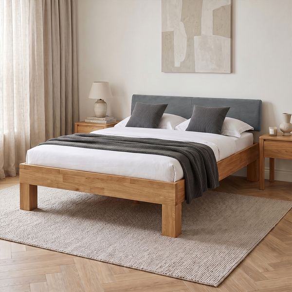 skølm 'Floki' Bett 140x200 cm mit Kopfteil Cord, anthrazit, Bettgestell, natur geölt, Massivholzbett aus Eiche, Doppelbett mit Bettkopf