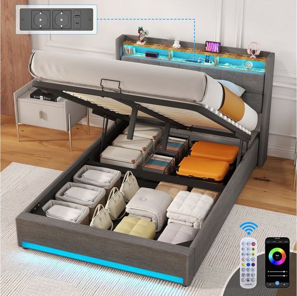 oyajia Polsterbett Doppelbett mit Stauraum gepolstertem Kopfteil (mit LED-Beleuchtung 90/140/160x200cm und hydraulischem Stauraum), Modernes Jugendbett, Leises Design Bett, Max. Belastbarkeit 365 kg