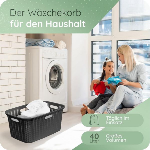 Novaliv Wäschekorb 31041-1x (1 St), Novaliv Rattan Wäschekorb mit 4 Griffen 40L Schwarz, Wäschebox Set Wäs