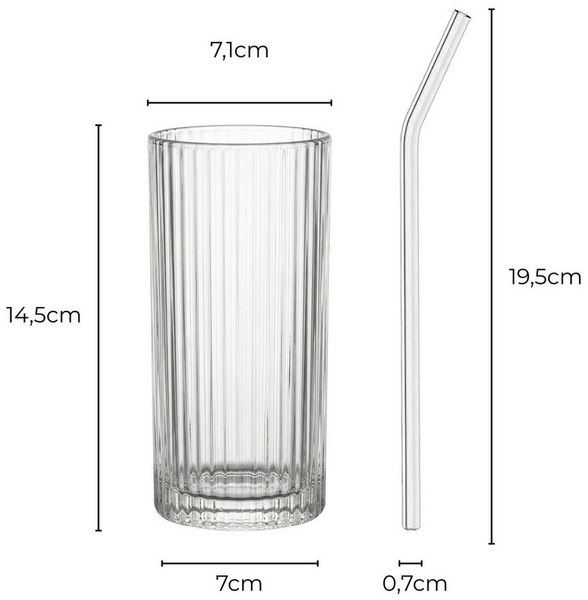 mixed24 Gläser-Set 4er Set Geriffelte Gläser 370ml inkl. Glashalm, ideal für Iced Matcha Latte, Latte Macchiato, Cocktails, Smoothies