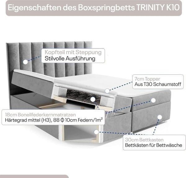 Best for Home Boxspringbett mit Bettkasten Trinity K-10 Bonellfederkern inkl. 7 cm Topper (Bonell-Matratze, gepolstertes Kopfteil, Doppelbett versch. Größen, 140x200 160x200 180x200 200x200 cm), Handwerksqualität, TOP Preis-Leistungs-Verhältnis Bild 6