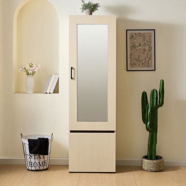 Refined Living Garderoben-Set Schmaler Garderobenschrank mit Spiegel & ausziehbarer Kleiderstange, (Garderobe Flur Eingangs­schrank Flur-Schrank mit Spiegel, Schuh- und Jackenschrank, Moderner Flur- und Eingangs­schrank aus MDF in heller Holzoptik mit ...