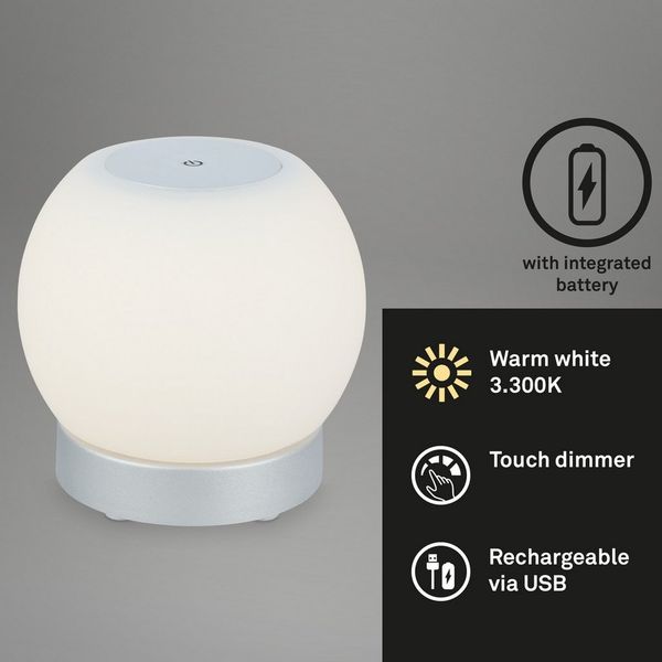 Briloner Leuchten Tischleuchte Akku Tischleuchte Touch dimmbar USB kabellos Schlafzimmer Flur, LED fest integriert, 2700K - Extra - Warmweiß, Tischlampe kabellos, 30x20cm, Chrom-Matt, 3W, Schlafzimmer, Flur