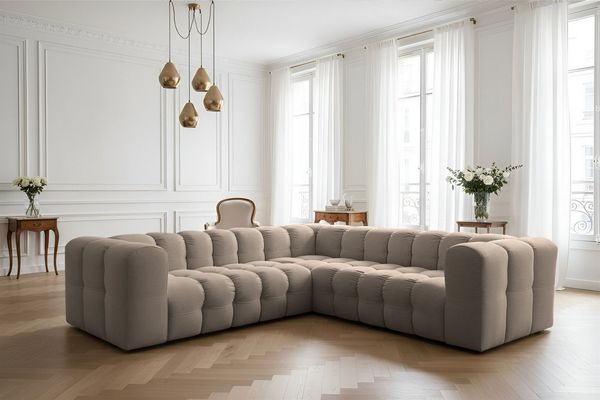 Ecksofa Designersofa SOLVIE XS in Stoff Tiffani Taupe Seite Universal