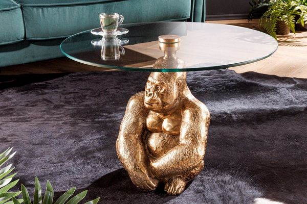 riess-ambiente Couchtisch WILDLIFE KONG 60cm gold / transparent (Einzelartikel, 1-St), Wohnzimmer · Glas · Metall · rund · Affenfigur · Gorilla-Skulptur