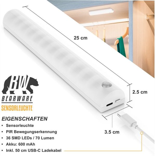BEARWARE Smarte LED-Leuchte Sensorlicht mit Bewegungsmelder, PIR Sensor, 4 Lichtfarben, Nachtlicht, Farbwechsel, Ein-/Ausschalter, LED fest integriert, Kaltweiß, 2× Warmweiß, Neutralweiß, Flexible Anbringung mit Magnetstreifen, 70 Lumen, 3m Reichweite