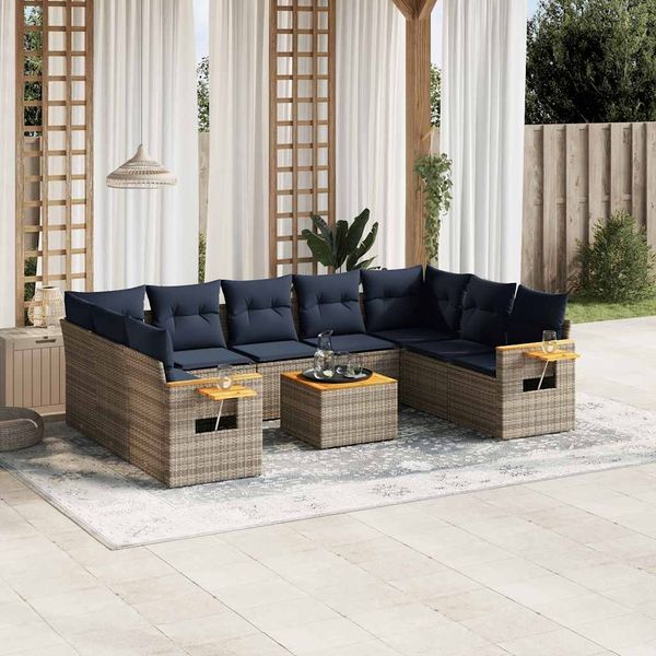 vidaXL 10-tlg. Garten-Sofagarnitur mit Kissen Grau Poly Rattan 3227125