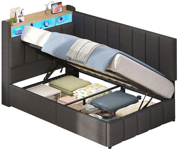 KIMENICH Jugendbett Polsterbett mit LED, Ladestation & Bettkas, Daybett, Schlafsofa (Ohne Matratze), Tagesbett für Schlaf- und Gästezimmer in 90x200 cm