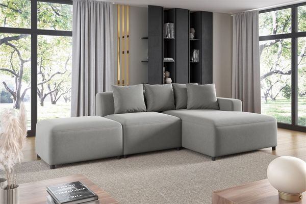 Ecksofa Designersofa MEGAN XS inkl. Hocker Stoff Salvador Hellgrau Ottomane Rechts