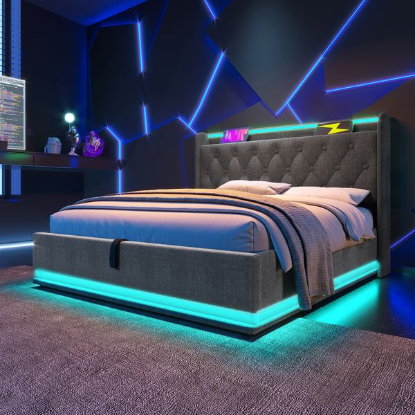 Merax Doppelbett 160*200 cm Polsterbett, 360-Surround-LED-Funktion, Drucktaste/App, gepolstertes Kopfteil mit USB Typ-C Ladefunktion, Grau Leinen