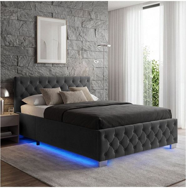 tectake Polsterbett Komfortbett mit LED-Leisten & Stauraum - Samtoptik mit Steppmuster (Bettset, in Samtoptik Schwarz), stabiler Stahlrahmen, Belastbarkeit 300 kg