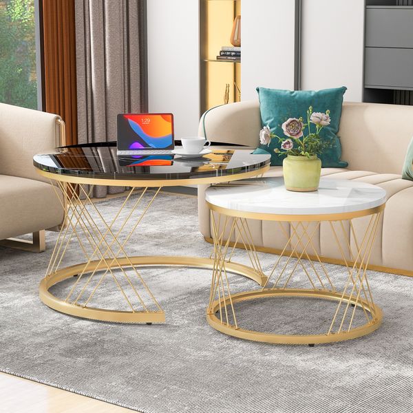 Couchtisch 2er-Set rund, weiß + schwarz, moderner Beistelltisch Sofatisch mit Marmoroptik auf MDF-Furnier