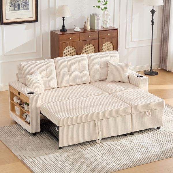 Mehrfunktionales Cord-Sofa, Stauraum & Ausziehbett, inkl. USB-C, Ambientebeleuchtung, Getränkehalter & breite Armlehnen