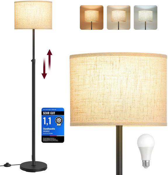 VASAGLE Stehleuchte, Standleuchte, Stehlampe, höhenverstellbare Leselampe, 140-170 cm hoch, modern, mit Fußtaster, Lampenschirm aus Stoff, E27 Fassung, tintenschwarz LFL002BH02