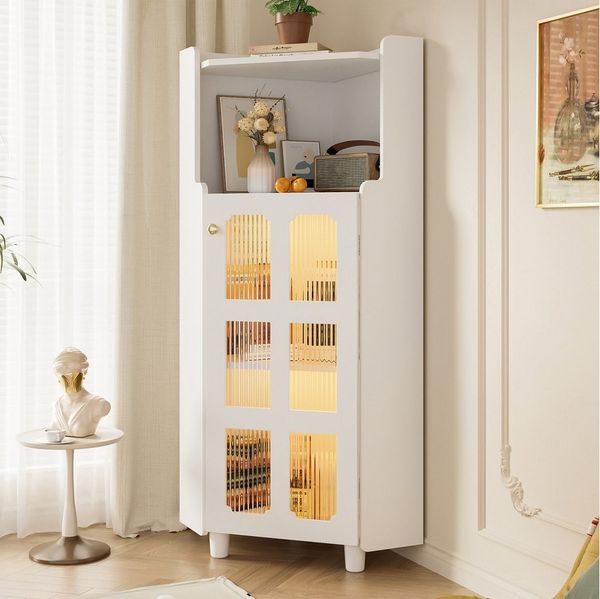 Flieks Eckschrank mit LED-Beleuchtung und Glastüren (1-St, B63,5x45x45xH124 cm) Mehrzweckschrank Hochschrank Badkommode Eckregal Weiß