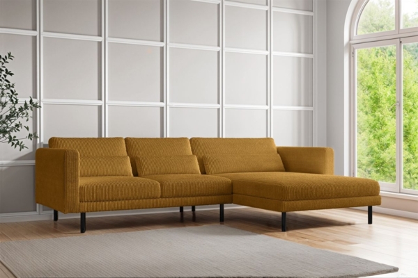 Ecksofa Designersofa AGADA in Stoff Poso Senfgelb Ottomane Rechts