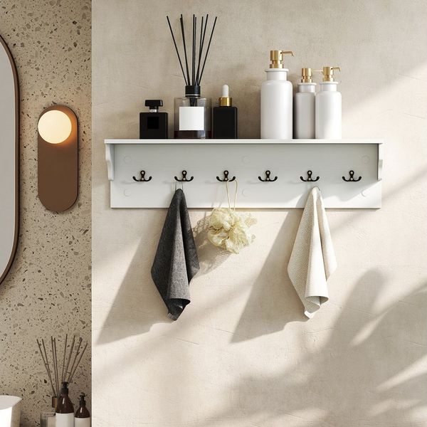 COSTWAY Wandgarderobe, mit 6 Haken und Ablage Wandregal 80×14×20cm
