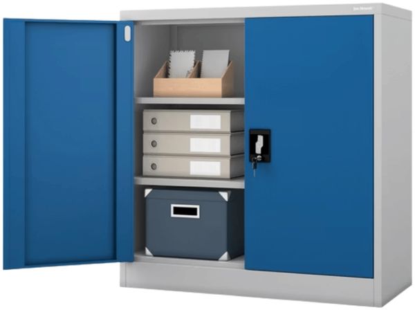 Aktenschrank abschließbar BEATA - 3 Ebenen verstellbar, Flügeltüren | Metallschrank Werkstatt Mehrzweckschrank Büroschrank aus Stahl Werkzeugschrank, 93x90x40cm Grau-Blau