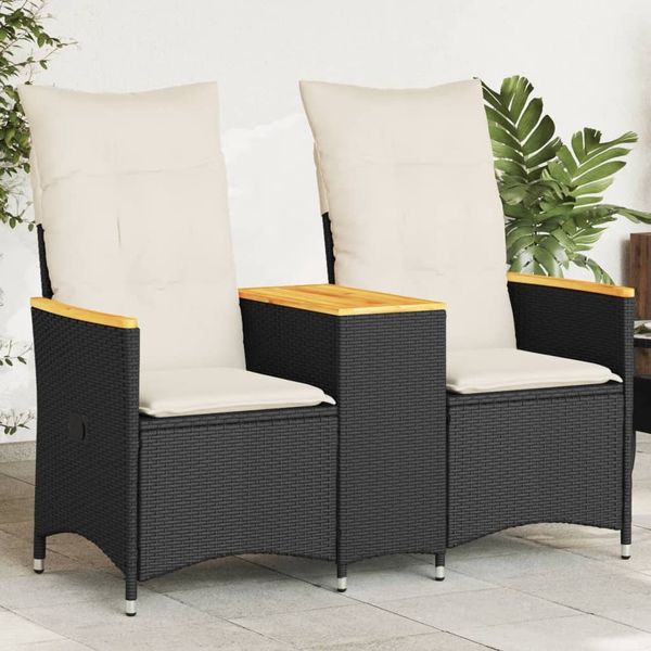 vidaXL Gartensofa 2-Sitzer Verstellbar mit Tisch Schwarz Poly Rattan 365720