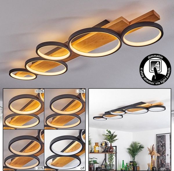 hofstein Deckenleuchte »Caces« dimmbare Deckenlampe aus Metall/Holz in Schwarz/Natur/Weiß, 3000 Kelvin