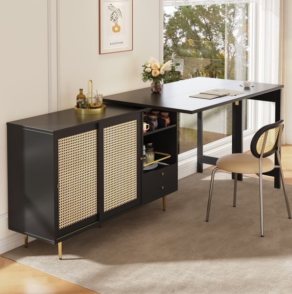 Tischschrank erweiterbar und 360° drehbar mit Retro-Rattantüren, Sideboard-Buffet mit Stauraum, Esstisch Küchenregal, 71.4cmx107cmx40cm, Schwarz