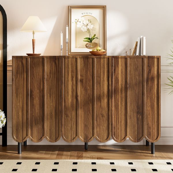 Sideboard mit Wellentüren & verstellbaren Regalen, Walnuss-Optik, 120x35x80 cm