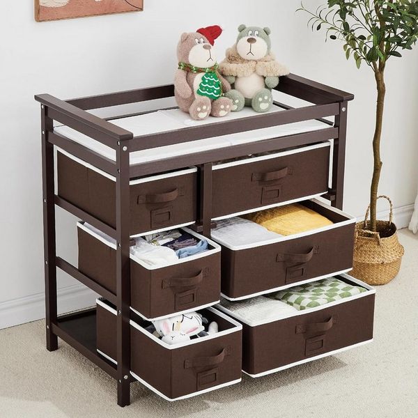 GarveeMore Wickeltisch aus Holz mit 6 Schubladen und Unterlage,86.5x48.5x87cm, tragbarer Wickeltisch für Kleinkinder im Kinderzimmer