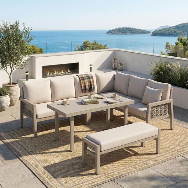 Ball & Cast Gartenlounge-Set für 6–8 Personen, Outdoor Gartenmöbel Set mit Esstischen, Bänken und Sofas, Hohe Witterungsbeständigkeit, Khaki