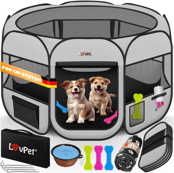 LOVPET® Welpenlaufstall Tierlaufstall Faltbar für Kleintiere Hunde, Katzen Inkl. Hundenapf Hundelaufstall Freigehege Oxfordgewebe Pop-up System Indoor & Outdoor Hellgrau / Schwarz
