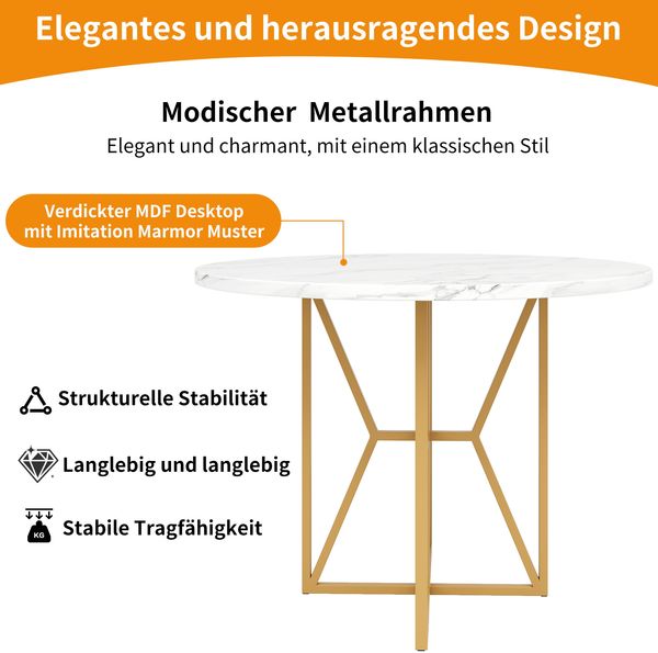 Runder Esstisch (80 x 80 x 76 cm), leichter und luxuriöser runder Tisch für 4-6 Personen, geeignet für Esszimmer und Wohnzimmer, goldene Beine, marmorierte Tischplatte aus MDF Bild 3