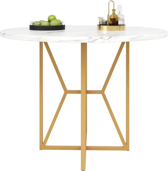 Runder Esstisch (80 x 80 x 76 cm), leichter und luxuriöser runder Tisch für 4-6 Personen, geeignet für Esszimmer und Wohnzimmer, goldene Beine, marmorierte Tischplatte aus MDF Bild 5