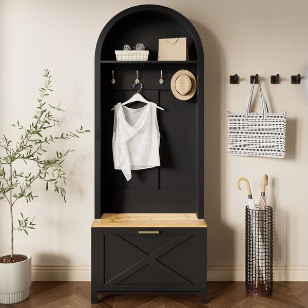 Merax Garderoben-Set mit Schuhregal, Ablage & Haken, (Garderobenkombination Möbelset Eingangsbereich-Schrank, 1-St, 75x35x195cm), Flurschrank Garderobenschrank mit Eisenfuß,für Eingangsbereich & Diele