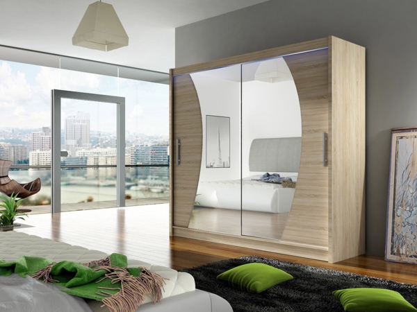 Kleiderschrank London IX, mit RGB LED Beleuchtung, Farbe: Sonoma Eiche / Spiegel